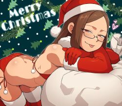 Rule 34 | 1girl, :p, ass, bent over, bikini, brown hair, butt crack, character request, christmas, christmas tree, closed mouth, copyright request, crossed arms, elbow gloves, flat chest, fur-trimmed legwear, fur trim, glasses, gloves, hair behind ear, half-closed eyes, hat, highres, kneeling, kurozu (crozu), long hair, merry christmas, parted bangs, red bikini, red eyes, red gloves, red thighhighs, sack, santa hat, semi-rimless eyewear, side-tie bikini bottom, smile, solo, swimsuit, thighhighs, tongue, tongue out