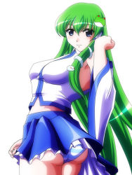 Rule 34 | 1girl, arm up, ass, bad anatomy, blush, breasts, detached sleeves, female focus, frog hair ornament, green eyes, green hair, hair ornament, hair tubes, kochiya sanae, long hair, matching hair/eyes, miniskirt, noppo-san, panties, pantyshot, skirt, smile, snake, solo, standing, striped clothes, striped panties, touhou, underwear, upskirt, wrestling outfit