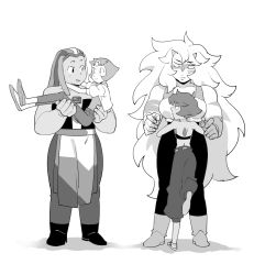 Rule 34 | 4girls, back, bismuth (steven universe), boots, carrying, chest jewel, cropped jacket, forehead jewel, gem, greyscale, dreadlocks, horns, hug, jacket, jasper (steven universe), lapis lazuli (steven universe), leg up, long hair, looking at another, looking down, monochrome, multiple girls, nano8, pearl (steven universe), pelvic curtain, princess carry, sandals, short hair, simple background, size difference, spoilers, steven universe, sweatdrop, very long hair