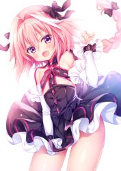 Rule 34 | 10s, 1boy, :d, astolfo (fate), black dress, blush, braid, cosplay, costume switch, detached sleeves, dress, elizabeth bathory (fate), elizabeth bathory (fate/extra ccc), elizabeth bathory (first ascension) (fate), fang, fate/apocrypha, fate/extra, fate/extra ccc, fate (series), hair ribbon, lancer (fate/extra ccc) (cosplay), layered dress, long hair, looking at viewer, male focus, mitsuba choco, ookubo rumi, open mouth, pink hair, purple eyes, ribbon, single braid, smile, solo, tears, trap, voice actor connection, white background, wrist cuffs