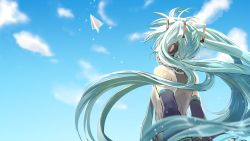 Rule 34 | 1girl, bad id, bad pixiv id, bare shoulders, blue hair, blue necktie, blue sky, cloud, cloudy sky, commentary request, day, detached sleeves, facing away, floating hair, flying, graphite (medium), grey shirt, hatsune miku, headset, highres, long hair, looking up, mitsu rou, necktie, outdoors, paper airplane, shirt, sky, sleeveless, sleeveless shirt, solo, standing, traditional media, twintails, upper body, very long hair, vocaloid