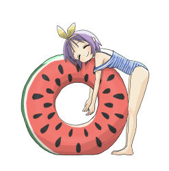 Rule 34 | 1girl, alternate costume, bent over, blue one-piece swimsuit, blush, closed eyes, commentary, ears visible through hair, food print, forehead, hairband, highleg, highleg swimsuit, highres, hiiragi tsukasa, innertube, llo-olly, lucky star, multicolored clothes, multicolored swimsuit, one-piece swimsuit, purple hair, seed, short hair, sidelocks, simple background, smile, solo, standing, strap, striped clothes, striped one-piece swimsuit, swim ring, swimsuit, watermelon print, white background, white one-piece swimsuit, yellow hairband