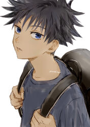 Rule 34 | 1boy, aged down, backpack, bag, black hair, blue eyes, commentary request, fushiguro megumi, jujutsu kaisen, looking at viewer, lower teeth only, male focus, nori20170709, parted lips, shirt, short hair, simple background, solo, t-shirt, teeth, twitter username, upper body, white background