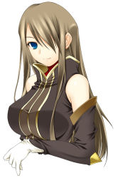 Rule 34 | 1girl, bare shoulders, blue eyes, breasts, brown hair, cropped torso, detached sleeves, gloves, hair over one eye, large breasts, long hair, looking at viewer, smile, solo, tales of (series), tales of the abyss, tear grants, turtleneck, upper body, white background, white gloves