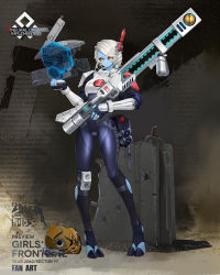 Rule 34 | 1girl, absurdres, armor, black sclera, blue skin, bodysuit, broken helmet, colored sclera, colored skin, commentary request, digitigrade, drone, english text, fingerless gloves, full body, girls&#039; frontline, gloves, gun, highres, holding, holding gun, holding weapon, holographic interface, hooves, looking at viewer, moonface, no pupils, orange eyes, rifle, skin tight, solo, stirrup legwear, t&#039;au, toeless legwear, warhammer 40k, weapon, white hair
