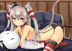 Rule 34 | 1girl, amatsukaze (kancolle), animal ear fluff, animal ears, arched back, armpit crease, bare shoulders, black panties, blush, brown eyes, cat ears, cat tail, commentary request, garter straps, hair between eyes, hair tubes, highres, kantai collection, kemonomimi mode, long hair, looking at viewer, panties, platinum blonde hair, red thighhighs, revision, side-tie panties, silver hair, solo, striped clothes, striped thighhighs, tail, thighhighs, topless, two side up, underwear, underwear only, yoshizawa tsubaki, | |