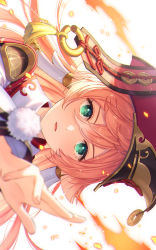 Rule 34 | 1girl, antlers, blurry, blurry foreground, bshi edayo, coin hair ornament, depth of field, genshin impact, green eyes, hair between eyes, hair ornament, high collar, highres, horns, looking at viewer, open mouth, pink hair, red headwear, rotated, solo, white background, yanfei (genshin impact)