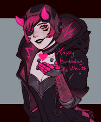 Rule 34 | 1girl, absurdres, apex legends, black headwear, black jacket, black lips, blue eyes, cyber punked wattson, eyepatch, eyeshadow, freckles, grey background, happy birthday, heart, highres, hood, hooded jacket, horns, jacket, letterboxed, looking at viewer, makeup, mechanical arms, official alternate costume, one eye covered, open hand, outside border, parted lips, pink eyeshadow, pink hair, single mechanical arm, smile, solo, vesper (v17-20), wattson (apex legends)