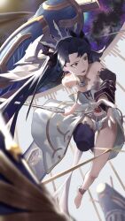 Rule 34 | 1girl, absurdres, arm warmers, armlet, asymmetrical legwear, asymmetrical sleeves, bare shoulders, black hair, breasts, detached sleeves, earrings, elbow gloves, fate/grand order, fate (series), gloves, hair ribbon, heavenly boat maanna, highres, hoop earrings, ishtar (fate), jewelry, long hair, long legs, medium breasts, neck ring, open mouth, parted bangs, red eyes, ribbon, single arm warmer, single detached sleeve, single elbow glove, single thighhigh, solo, thighhighs, tiara, two side up, uneven legwear, uneven sleeves, user cxsr8755