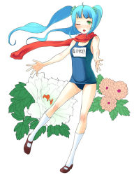 Rule 34 | 1girl, ;d, blue hair, chrysanthemum, floral background, flower, full body, green eyes, name tag, one-piece swimsuit, one eye closed, open mouth, red scarf, scarf, school swimsuit, smile, socks, solo, standing, swimsuit, twintails, white socks