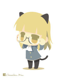 Rule 34 | 1girl, adjusting eyewear, aged down, animal ears, artist name, ascot, bad id, bad pixiv id, black pantyhose, blonde hair, cat ears, cat tail, chameleon man (three), chibi, child, flat color, glasses, military, military uniform, no lineart, no mouth, pantyhose, perrine h. clostermann, short hair, simple background, solo, standing, strike witches, tail, uniform, white background, world witches series, yellow eyes