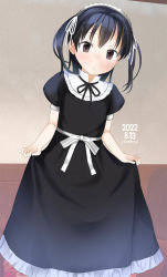 Rule 34 | 1girl, :o, artist name, black dress, black hair, black ribbon, bow, brown eyes, dated, dress, frilled dress, frills, hair ribbon, highres, indoors, long hair, looking at viewer, maid, neck ribbon, original, parted lips, puffy short sleeves, puffy sleeves, ribbon, short sleeves, solo, two side up, white bow, white ribbon, yone kinji