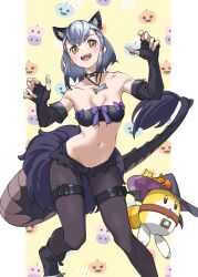 Rule 34 | 1girl, :d, animal ear fluff, animal ears, bare arms, black footwear, black hair, black pantyhose, black shorts, bone necklace, boots, breasts, cerberus (kemono friends), cerberus (kemono friends) (cosplay), collar, collarbone, commentary, cosplay, elbow gloves, feet out of frame, fingerless gloves, gloves, gradient hair, grey hair, hat, highres, hikari (kemono friends), jack-o&#039;-lantern, kemono friends, lucky beast (kemono friends), micro shorts, multicolored hair, navel, open mouth, pantyhose, short hair, shorts, simple background, small breasts, smile, solo, spiked collar, spikes, stomach, strapless, tail, tanabe (fueisei), thigh strap, tube top, witch hat, yellow background, yellow eyes