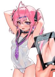 Rule 34 | 1girl, 1other, ahoge, armpit focus, armpits, arms up, black choker, black ribbon, black sailor collar, blush, breasts, cellphone, choker, crossed bangs, earrings, eyelashes, fang, hair between eyes, hair ribbon, highres, holding, holding phone, ixyv, jewelry, looking at viewer, nanja, neckerchief, one-piece swimsuit, original, parted lips, phone, pink hair, purple eyes, purple neckerchief, ribbon, sailor collar, sailor one-piece swimsuit, sidelocks, simple background, skin fang, small breasts, smartphone, solo focus, sweat, swimsuit, two side up, virtual youtuber, white background