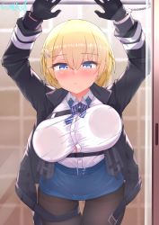 Rule 34 | 1girl, against glass, bathroom, belt, black gloves, black jacket, black legwear, blonde hair, blue belt, blue eyes, blue skirt, breast press, breasts, breasts on glass, buckle, button gap, cuffs, girls&#039; frontline, gloves, gmkj, hair ornament, handcuffs, highres, jacket, large breasts, long sleeves, mole, mole under eye, open clothes, open jacket, pouch, shirt, shirt tucked in, short hair, skirt, snap-fit buckle, snowflake hair ornament, solo, thigh pouch, tile wall, tiles, vsk-94 (girls&#039; frontline), white shirt