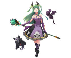 Rule 34 | 1girl, bare shoulders, black footwear, bly-yuan, breasts, cat, checkered clothes, checkered legwear, cleavage, dress, elbow gloves, closed eyes, facing viewer, full body, ghost, gloves, green hair, hair ornament, highres, holding, holding staff, horns, kneehighs, long hair, medium breasts, pointy ears, purple dress, purple gloves, purple socks, skull hair ornament, smile, socks, solo, staff, two side up