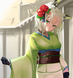 Rule 34 | 1girl, absurdres, alternate costume, animal ear fluff, animal ears, ao oni (onioni-aoi), arknights, black gloves, cat ears, closed mouth, collar, commentary request, day, flower, gloves, green eyes, green kimono, hair flower, hair ornament, highres, japanese clothes, kal&#039;tsit (arknights), kimono, long sleeves, looking at viewer, obi, outdoors, red flower, sash, short hair, silver hair, solo, upper body, wide sleeves, yukata