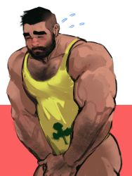 Rule 34 | 1boy, ass, bara, beard, blush, bottomless, chest hair, covering privates, covering crotch, dopey (dopq), embarrassed, facial hair, flying sweatdrops, highres, male focus, muscular, muscular male, mustache, naked shirt, original, pectoral cleavage, pectorals, shirt, short hair, solo, tank top, thick eyebrows, thighs, undercut, yellow tank top