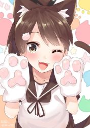 Rule 34 | 1girl, animal ears, animal hands, brown hair, brown sailor collar, brown skirt, cat ears, cat tail, cowboy shot, dated, fang, gloves, kantai collection, looking at viewer, one-hour drawing challenge, one eye closed, open mouth, paw gloves, paw print, ponytail, sailor collar, school uniform, serafuku, shikinami (kancolle), short hair, short ponytail, skirt, smile, solo, tail, tonarikeru