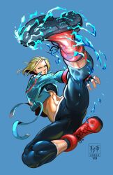 Rule 34 | 1girl, a.b.singh, blonde hair, blue eyes, boots, cammy white, highres, jacket, licking, long sleeves, pants, short hair, street fighter, street fighter 6