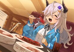 Rule 34 | 1girl, absurdres, ahoge, black horns, black ribbon, blue jacket, closed mouth, collared shirt, commentary, cup, drawstring, drinking straw, english commentary, facing ahead, food, fork, greentanuki, hair ornament, hair over one eye, hand up, highres, holding, holding fork, holding knife, horns, indoors, jacket, knife, light blush, long hair, long sleeves, neck ribbon, open clothes, open jacket, open mouth, original, plate, plate stack, ribbon, shirt, sitting, solo, steak, white hair, white shirt