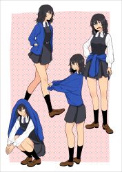 Rule 34 | 10s, 1girl, andou (girls und panzer), bc freedom school uniform, black border, black hair, black legwear, black skirt, black vest, blue neckwear, blue sweater, border, brown eyes, brown footwear, closed mouth, clothes around waist, dark-skinned female, dark skin, diagonal stripes, dress, dress shirt, from side, girls und panzer, grin, hand in pocket, hand on own hip, highres, kani aruki (bucket crawl), loafers, long sleeves, looking at viewer, medium hair, miniskirt, mouth hold, multiple persona, multiple views, necktie, one eye closed, outside border, pinafore dress, pink background, pleated skirt, polka dot, polka dot background, school uniform, shirt, shoes, skirt, sleeveless, sleeveless dress, smile, socks, squatting, standing, striped neckwear, sweater, sweater around waist, sweater on head, undressing, vest, walking, wavy mouth, white shirt, wing collar