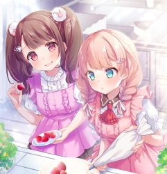 Rule 34 | 2girls, :o, aqua eyes, ascot, blonde hair, blush, braid, breasts, brown hair, chestnut mouth, commentary request, dress, faucet, fingernails, food, from above, fruit, hair ornament, hair ribbon, hairclip, heart, highres, holding, holding plate, indoors, kisukekun, light particles, light rays, long hair, looking at viewer, looking down, medium breasts, multicolored hair, multiple girls, open mouth, original, pastry bag, pink dress, pink eyes, plant, plate, pom pom (clothes), puffy short sleeves, puffy sleeves, purple dress, red ascot, ribbon, short sleeves, sink, smile, sparkle, strawberry, streaked hair, sunbeam, sunlight, twin braids, twintails, upper body, white ribbon