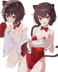 Rule 34 | 1girl, :d, absurdres, animal collar, animal ear hairband, animal ears, armpit crease, bare shoulders, bell, belt collar, blush, bow, bowtie, breasts, brown hair, brown tail, cat ear hairband, cat ears, cat tail, cleavage, collar, collarbone, commission, covered navel, cowboy shot, cropped legs, cuffs, detached collar, dutch angle, fake animal ears, footwear request, groin, hairband, hand on own thigh, hand up, highleg, highleg leotard, highleg swimsuit, highres, holding, holding clothes, holding footwear, holding shoes, jacket, korean commentary, leotard, looking at viewer, minn (kangjm1107), mole, mole on breast, mole under eye, multiple views, neck bell, nike (company), nike air force 1, one-piece swimsuit, open mouth, original, prunechi, red bow, red bowtie, red eyes, red jacket, red leotard, second-party source, see-through swimsuit, shoes, short hair, simple background, small breasts, smile, sneakers, swimsuit, tail, taut clothes, taut swimsuit, thighhighs, tucking hair, two-sided fabric, two-sided jacket, white background, white footwear, white one-piece swimsuit, white thighhighs, white wrist cuffs, wing collar, wrist cuffs
