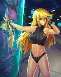 Rule 34 | 1girl, abs, adjusting hair, armpits, artist name, bare shoulders, biceps, black bra, black panties, black sports bra, black wristband, blonde hair, blue eyes, blurry, blush, bra, breasts, computer, covered collarbone, depth of field, gravity suit (metroid), hand on glass, highleg, highleg panties, highres, hybridmink, impossible clothes, large breasts, linea alba, logo, long hair, looking to the side, metroid, midriff, muscular, muscular arms, muscular female, navel, nintendo, obliques, panties, pinup (style), power suit, ribs, samus aran, solo, space, spacecraft, sports bra, super metroid, taut clothes, thick thighs, thighs, thong, tight clothes, toned, toned female, toned stomach, underwear, wristband