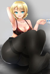 Rule 34 | 10s, 1girl, aqua eyes, arm behind head, armpits, artist request, ass, black bra, black pantyhose, bra, braid, breasts, cleavage, collarbone, cup, darjeeling (girls und panzer), feet, foot focus, foreshortening, full body, girls und panzer, grey background, highres, holding, holding cup, looking at viewer, pantyhose, shadow, simple background, sitting, solo, thighband pantyhose, twin braids, underwear, underwear only