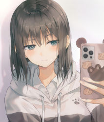 Rule 34 | 1girl, blouse, brown hair, closed mouth, collared shirt, commentary, constricted pupils, forehead, green eyes, highres, holding, holding phone, hood, hoodie, huwari (dnwls3010), indoors, looking away, medium hair, nail polish, original, paw print, phone, selfie, shadow, shirt, simple background, solo, split mouth, upper body, white background, white shirt, ||/