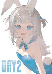 Rule 34 | 1girl, animal ears, bare shoulders, blue eyes, blue hair, blue leotard, blunt bangs, bow, bowtie, breasts, cleavage, cube hair ornament, detached collar, english text, fake animal ears, fake tail, gawr gura, grey hair, hair ornament, highleg, highleg leotard, highres, hololive, hololive english, leotard, long hair, looking at viewer, multicolored hair, open mouth, playboy bunny, rabbit ears, rabbit tail, ranqi070, shark girl, sharp teeth, side ponytail, sidelocks, simple background, small breasts, solo, strapless, strapless leotard, streaked hair, tail, teeth, traditional bowtie, two side up, virtual youtuber, white background