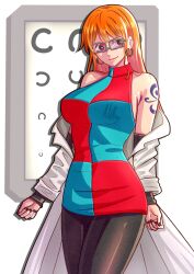 Rule 34 | 1girl, absurdres, android 21, android 21 (cosplay), breasts, cosplay, detached sleeves, dragon ball, dragon ball fighterz, female focus, glasses, highres, lab coat, large breasts, long hair, matching hair/eyes, mifenami, nail polish, nami (one piece), one piece, orange eyes, orange hair, solo, tattoo