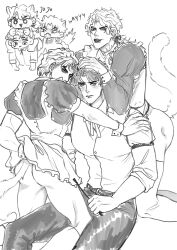 Rule 34 | 3boys, animal ears, apron, ass, blush, cat ears, cat tail, chain12123871, crossdressing, dio brando, dual persona, ear birthmark, hand on another&#039;s head, highres, holding, holding whip, jojo no kimyou na bouken, jonathan joestar, lipstick, long hair, long sleeves, maid, maid apron, makeup, male focus, monochrome, multiple boys, muscular, muscular male, pants, phantom blood, puffy long sleeves, puffy short sleeves, puffy sleeves, shirt, short hair, short sleeves, sitting, smile, stardust crusaders, tail, thighhighs, thighs, whip, yaoi
