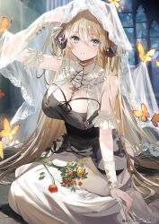 Rule 34 | 1girl, armband, blonde hair, blue eyes, bouquet, breasts, bug, butterfly, cleavage, copyright notice, copyright request, dress, flower, hair between eyes, halter dress, halterneck, highres, horns, insect, kanda done, kneeling, large breasts, long hair, parted lips, solo, veil, very long hair, white armband, white dress, wrist cuffs