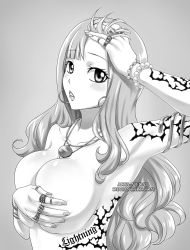Rule 34 | 1girl, against wall, armpits, arya-aiedail, blush, breasts squeezed together, breasts, casual nudity, cleavage, covering privates, covering breasts, curvy, earrings, english text, expressionless, eyelashes, fairy tail, female focus, gem, grey background, greyscale, hand in own hair, head tilt, heart, hoop earrings, hot, jewelry, large breasts, letterboxed, lightning, lips, long hair, looking at viewer, mirajane strauss, monochrome, necklace, nude, parted lips, ring, solo, tattoo, text focus, upper body, very long hair, wall, white hair