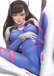 Rule 34 | 1girl, bodysuit, breasts, brown eyes, brown hair, cameltoe, cowboy shot, d.va (overwatch), eyelashes, facial mark, gloves, hand on own chest, headphones, highres, light smile, lips, long hair, looking at viewer, medium breasts, nose, overwatch, overwatch 1, pilot suit, qoiwrng, realistic, reclining, simple background, solo, swept bangs, whisker markings, white background, white gloves