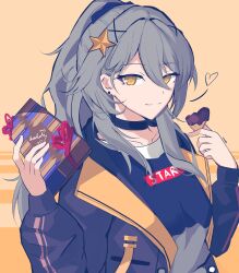 Rule 34 | 1girl, absurdres, black choker, black jacket, black shirt, chocolate, choker, closed mouth, earrings, food, grey hair, hair ornament, hairpin, hands up, highres, holding, holding chocolate, holding food, honkai: star rail, honkai (series), jacket, jewelry, light smile, long hair, long sleeves, looking at viewer, open clothes, open jacket, ponytail, red ribbon, ribbon, shirt, simple background, smile, solo, sparks summer, star (symbol), star hair ornament, stelle (honkai: star rail), trailblazer (honkai: star rail), yellow background, yellow eyes