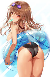 Rule 34 | 1girl, absurdres, ass, black one-piece swimsuit, blush, breasts, brown hair, competition swimsuit, food, food in mouth, goddess of victory: nikke, highleg, highleg swimsuit, highres, holding, holding swim ring, innertube, large breasts, leaning, long hair, looking at viewer, looking back, michairu, one-piece swimsuit, orange eyes, popsicle, popsicle in mouth, rapi (classic vacation) (nikke), rapi (nikke), solo, swim ring, swimsuit, thighs, two-tone swimsuit
