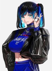 Rule 34 | 1girl, absurdres, black hair, black jacket, blouse, blue eyes, blue nails, blue pants, blue shirt, blue theme, breasts, chest harness, closed mouth, colored inner hair, cowboy shot, ear piercing, earrings, facial mark, fang, fang out, fingernails, hand tattoo, hand up, harness, highres, jacket, jewelry, large breasts, leather, leather jacket, looking at viewer, medium hair, midriff, multicolored hair, multiple rings, nail polish, necklace, open clothes, open jacket, original, pants, piercing, ring, ryoga, shirt, simple background, solo, tattoo, track pants, twintails, white background