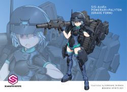 Rule 34 | 1girl, 30 minutes sisters, black gloves, black leotard, blue leotard, breasts, caterpillar tracks, character name, copyright name, gloves, gun, helmet, highres, holding, holding gun, holding weapon, leotard, logo, looking to the side, mecha musume, open hand, powerari-palyton, purple eyes, science fiction, shimada fumikane, short hair, small breasts, solo, standing, two-tone leotard, weapon, zoom layer