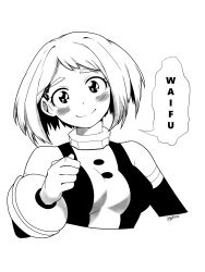 Rule 34 | 1girl, absurdres, artist name, blush, boku no hero academia, breasts, closed mouth, english text, greyscale, highres, large breasts, looking at viewer, monochrome, rachel bouvier, short hair, signature, simple background, smile, solo, speech bubble, thick eyebrows, upper body, uraraka ochako, white background