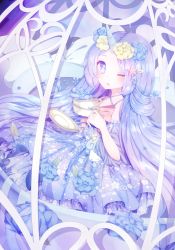 Rule 34 | 1girl, absurdres, blue dress, blue hair, bow, cage, cocoppa play, cup, dress, floral print, flower, frilled dress, frills, hair flower, hair ornament, hairclip, highres, horns, in cage, one eye closed, original, pillow, purple eyes, single horn, solo, star (symbol), star hair ornament, teacup, unicorn, unicorn girl