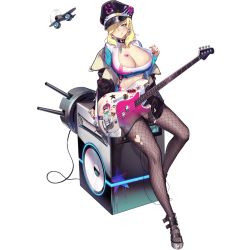 Rule 34 | 1girl, :q, aircraft, artist request, black choker, black hat, black surge night, blonde hair, blue eyes, breasts, choker, cleavage, crop top, earrings, facial mark, fishnet pantyhose, fishnets, guitar, hair over one eye, hat, heart, huge breasts, instrument, jacket, jewelry, large breasts, long hair, o-ring, off shoulder, official alternate costume, official art, pantyhose, rigging, sitting, solo, speaker, star (symbol), tongue, tongue out, torn clothes, torn pantyhose, transparent background, yorktown (black surge night)
