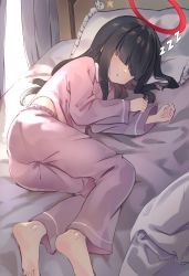 Rule 34 | 1girl, barefoot, bed, bed frame, bedroom, black hair, blanket, blue archive, blunt bangs, curtains, full body, hair over eyes, halo, highres, hime cut, indoors, justice task force member (blue archive), long bangs, long hair, long sleeves, lying, monane4, on side, pajamas, parted lips, pillow, pink pajamas, solo, sunlight, zzz