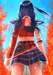 Rule 34 | 1girl, absurdres, black hair, blue sky, clenched hands, commentary, dive! (love live!), fire, from behind, highres, jacket, kusunoki tomori, long hair, love live!, love live! nijigasaki high school idol club, miniskirt, one side up, red jacket, signature, single sleeve, skirt, sky, solo, standing, star (sky), starry sky, upper body, voice actor connection, yaa-kun, yuki setsuna (love live!)