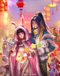 Rule 34 | 5boys, 5girls, animal ears, artist request, black hair, blonde hair, brown hair, building, china dress, chinese clothes, coat, couple, dai mubai (douluo dalu), douluo dalu, dress, fireworks, highres, holding, holding stuffed toy, lantern, long hair, looking down, multiple boys, multiple girls, new year, ning rongrong (douluo dalu), official art, oscar (douluo dalu), pink coat, ponytail, purple hair, rabbit ears, red hair, scarf, smile, stuffed toy, tang san, thighhighs, third-party source, waving, white hair, xiao wu, yellow scarf