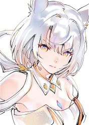 Rule 34 | &gt;:(, 1girl, animal ear fluff, animal ears, bare shoulders, breasts, closed mouth, dress, grey hair, highres, looking at viewer, mio (xenoblade), simple background, small breasts, solo, strapless, strapless dress, ug333333, upper body, v-shaped eyebrows, white background, white dress, xenoblade chronicles (series), xenoblade chronicles 3, yellow eyes