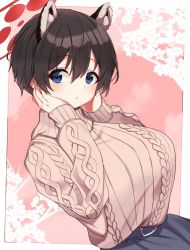 Rule 34 | 1girl, alternate costume, animal ears, black hair, blue archive, blue eyes, blue skirt, blush, breasts, brown sweater, closed mouth, commentary, flower, hair between eyes, halo, hands on own cheeks, hands on own face, highres, large breasts, long sleeves, pocchari, ribbed sweater, short sleeves, skirt, solo, sweater, tsubaki (blue archive), turtleneck, turtleneck sweater, upper body