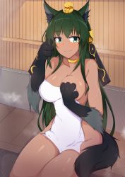 Rule 34 | 1girl, absurdres, animal ear fluff, animal ears, animal hands, anubis (monster girl encyclopedia), bad link, breasts, cleavage, collarbone, commission, covering breasts, covering privates, dark-skinned female, dark skin, fur, green eyes, highres, jackal ears, jackal tail, jewelry, long hair, looking at viewer, medium breasts, monster girl, monster girl encyclopedia, myumi, naked towel, nude cover, onsen, sitting, smile, solo, tail, towel, very long hair